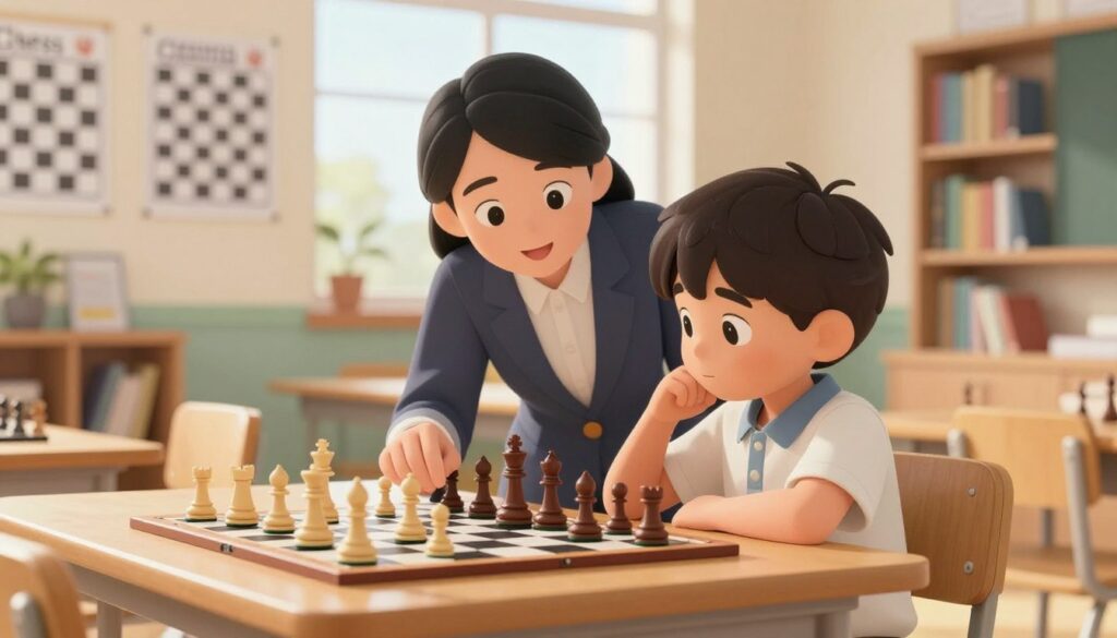 A warm, inviting classroom scene focused on a young child sitting at a chessboard, thoughtfully analyzing a game. The foreground features the child, dressed in modest casual clothing, with an expression of concentration as they study a chessboard filled with pieces in mid-game. In the middle ground, a supportive adult, also in professional attire, leans in, offering guidance and encouragement. The background shows a bright, well-lit room with chess posters on the walls and bookshelves filled with chess literature. Soft, natural light filters through a window, casting a gentle glow over the scene. The atmosphere conveys a sense of learning and confidence-building, reflecting the essence of "Chess Classes USA." A warm, inviting classroom scene focused on a young child sitting at a chessboard, thoughtfully analyzing a game. The foreground features the child, dressed in modest casual clothing, with an expression of concentration as they study a chessboard filled with pieces in mid-game. In the middle ground, a supportive adult, also in professional attire, leans in, offering guidance and encouragement. The background shows a bright, well-lit room with chess posters on the walls and bookshelves filled with chess literature. Soft, natural light filters through a window, casting a gentle glow over the scene. The atmosphere conveys a sense of learning and confidence-building, reflecting the essence of "Chess Classes USA."