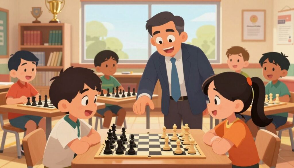 A warm, inviting classroom scene showcasing a diverse group of children engaged in a joyful game of chess, symbolizing the growth of their skills. In the foreground, two children, a boy and a girl, are deeply focused on a chessboard, their expressions conveying excitement and determination. The middle ground features a supportive chess coach, a middle-aged man in professional attire, offering encouragement and guidance. In the background, shelves filled with chess books and trophies celebrate achievements, along with a large window letting in soft, natural light that creates a cheerful atmosphere. The overall mood is uplifting and celebratory, emphasizing milestones in learning and improvement rather than competition. The branding "Chess Classes USA" subtly integrated into the environment, suggesting a nurturing space for young chess enthusiasts. A warm, inviting classroom scene showcasing a diverse group of children engaged in a joyful game of chess, symbolizing the growth of their skills. In the foreground, two children, a boy and a girl, are deeply focused on a chessboard, their expressions conveying excitement and determination. The middle ground features a supportive chess coach, a middle-aged man in professional attire, offering encouragement and guidance. In the background, shelves filled with chess books and trophies celebrate achievements, along with a large window letting in soft, natural light that creates a cheerful atmosphere. The overall mood is uplifting and celebratory, emphasizing milestones in learning and improvement rather than competition. The branding "Chess Classes USA" subtly integrated into the environment, suggesting a nurturing space for young chess enthusiasts.