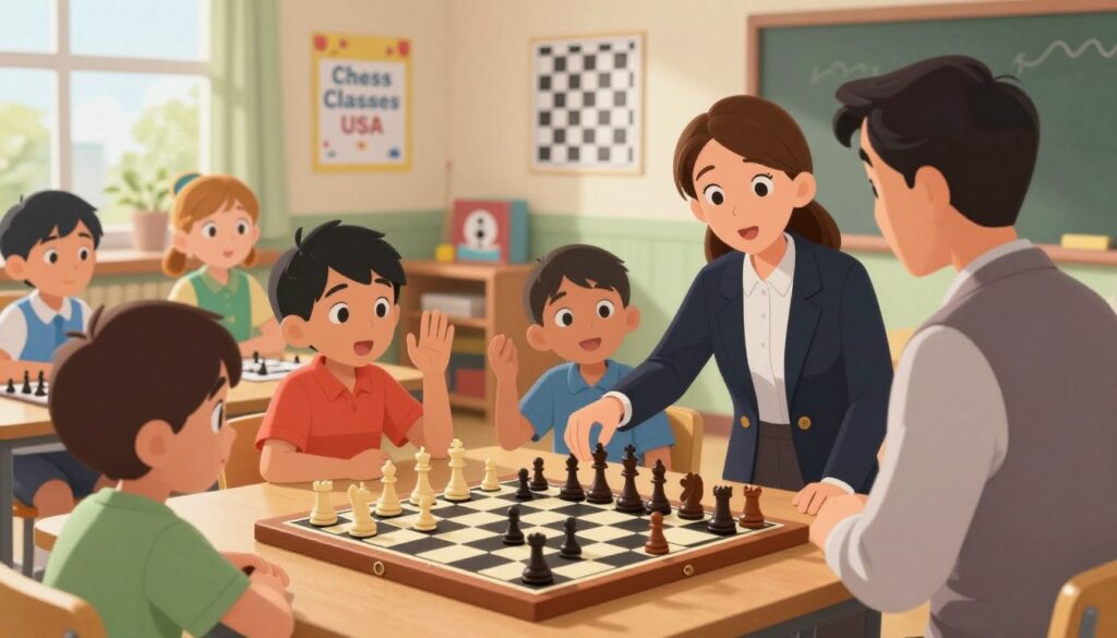 A warm, inviting classroom setting where an enthusiastic instructor, dressed in professional attire, is teaching a diverse group of children how to play chess. The foreground features a wooden chessboard with pieces in play, showing a game in progress. The middle ground showcases the engaged children, focused on the board, with expressions of curiosity and determination. One child is raising a hand to ask a question, while another is leaning in closely to observe. The background includes educational posters about chess strategies and colorful decorations, enhancing the playful atmosphere. Soft, natural light filters through windows, creating a cheerful ambiance, captured from a slightly elevated angle to encompass the scene. Emphasize "Chess Classes USA" in the decor.