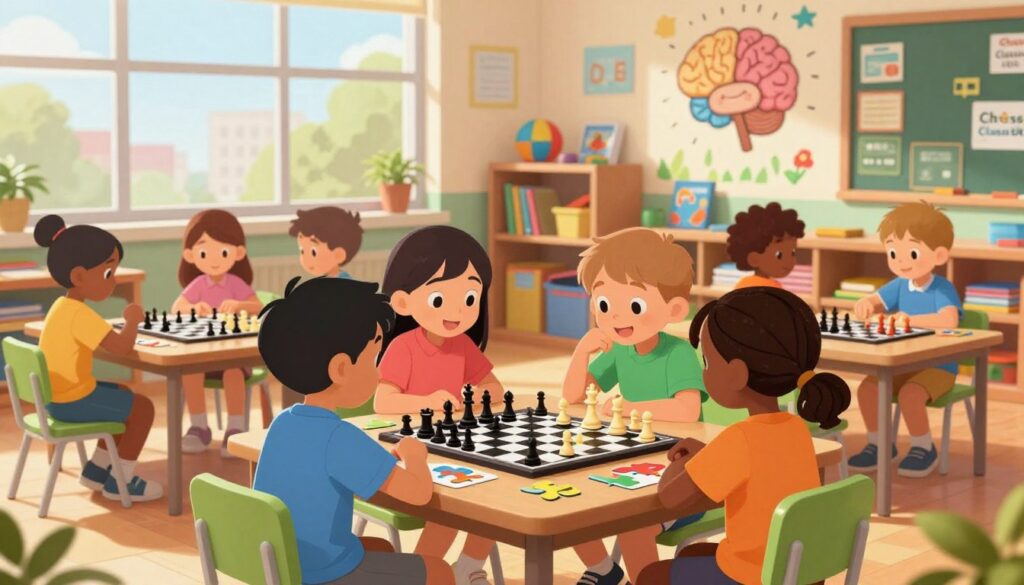 A warm, inviting classroom setting with several children aged 6-10 engaged in a variety of activities promoting cognitive development, such as playing chess, solving puzzles, and collaborating on projects. In the foreground, a diverse group of kids sits around a chessboard, focused intently on their game, their expressions reflecting concentration and joy. In the middle, shelves filled with educational books and toys surround them, emphasizing a learning environment. The background features a colorful mural illustrating the concept of brain development. Soft, natural lighting filters in from large windows, creating a bright and cheerful atmosphere. The scene should convey encouragement and curiosity about learning. Subtly incorporate the logo of "Chess Classes USA" on a nearby bulletin board, ensuring it’s integrated harmoniously into the design.