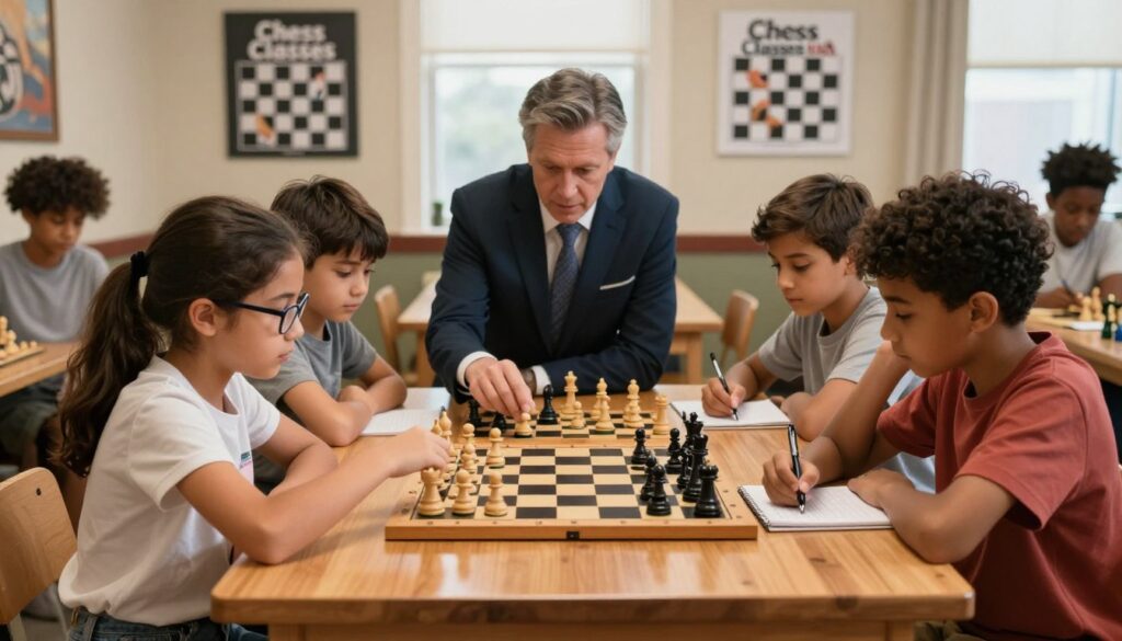 A warm, inviting indoor environment showcasing a diverse group of children aged 8 to 12 gathered around a wooden chess table, concentrated on their game. In the foreground, a young girl with glasses, wearing a smart casual shirt, analyzes the chessboard, while a boy beside her takes notes on a notepad, reflecting a sense of progress and improvement. In the middle, a chess coach in professional attire observes and offers guidance, fostering an atmosphere of mentorship. The background features chess-themed decor, such as motivational posters about strategy and growth. The lighting is soft and natural, casting a gentle glow that enhances the room's inviting feel. The overall mood conveys focus, determination, and collaboration, tying back to the theme of skill advancement facilitated by “Chess Classes USA.” A warm, inviting indoor environment showcasing a diverse group of children aged 8 to 12 gathered around a wooden chess table, concentrated on their game. In the foreground, a young girl with glasses, wearing a smart casual shirt, analyzes the chessboard, while a boy beside her takes notes on a notepad, reflecting a sense of progress and improvement. In the middle, a chess coach in professional attire observes and offers guidance, fostering an atmosphere of mentorship. The background features chess-themed decor, such as motivational posters about strategy and growth. The lighting is soft and natural, casting a gentle glow that enhances the room's inviting feel. The overall mood conveys focus, determination, and collaboration, tying back to the theme of skill advancement facilitated by “Chess Classes USA.”