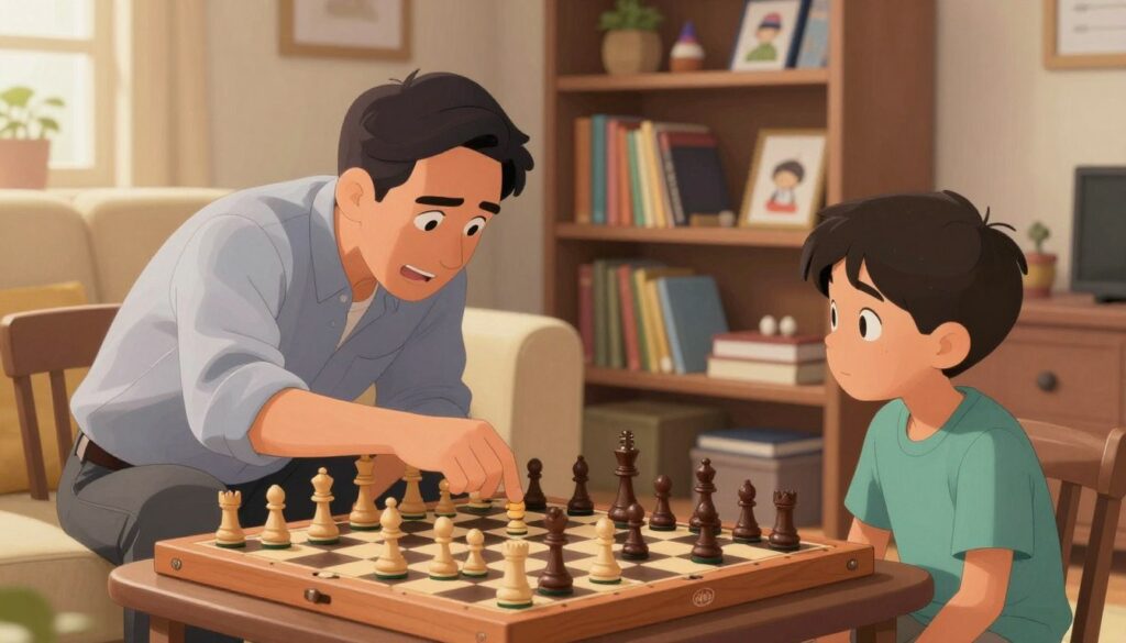 A warm, inviting indoor setting features a private chess coach engaging with a young child. In the foreground, the coach, a middle-aged person in casual yet professional clothing, is leaning over a chessboard, demonstrating a strategy with focused enthusiasm. The child, a boy around 10 years old, is seated across from the coach, displaying interest and concentration. The middle ground showcases a cozy living room with soft lighting, enhancing the intimate atmosphere. Behind them, bookshelves filled with chess literature and childhood memorabilia create a nurturing environment. The scene captures a sense of mentorship and growth, highlighting the benefits of personalized coaching. The logo of "Chess Classes USA" is subtly visible on a chess board. The angle is slightly tilted from above to emphasize the chessboard's dynamic layout and strategic pieces.