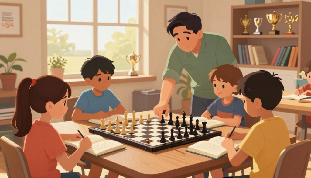 A warm, inviting scene depicting children preparing for their first rated chess tournament, set in a cozy, well-lit room with a large window letting in soft afternoon sunlight. In the foreground, a diverse group of children, aged 8-12, enthusiastically review chess strategies from books and practice on a chessboard, wearing modest casual clothing. The middle ground features a parent guiding a child on opening strategies, pointing at a chessboard. In the background, shelves filled with chess trophies and books about chess add depth to the setting. The overall atmosphere is focused and optimistic, conveying excitement and readiness. In the corner of the room, a logo for "Chess Classes USA" subtly blends into the decor, reinforcing the educational theme.