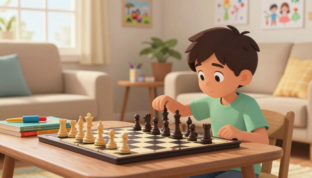 A warm, inviting scene of a cozy living room where a child is learning chess. In the foreground, a young child, around 8 years old, is eagerly studying a chessboard with a focused expression, wearing casual, cheerful clothing. In the middle, a well-organized chess set is displayed with chess pieces in mid-game, alongside colorful books and art supplies that reflect other interests. In the background, soft natural light streams through a nearby window, illuminating a wall adorned with children’s drawings and photographs of family outings, creating a balanced atmosphere of play and learning. The overall mood is supportive and encouraging, capturing the joy of learning chess as part of a well-rounded childhood. Include a subtle hint of "Chess Classes USA" branding on a nearby chess book.