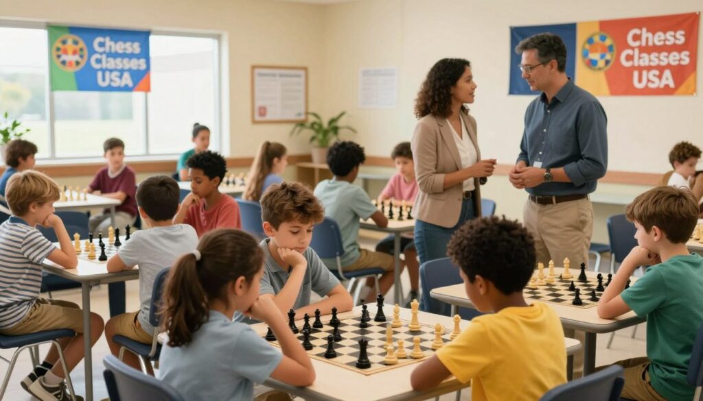 A warm, inviting scene showcasing a scholastic chess tournament in a bright, well-lit community center. In the foreground, diverse children aged 8-12, focused and engaged, are seated at chess tables, deep in thought. They are dressed in modest casual clothing, with a mix of ethnic backgrounds represented. The middle ground features parents actively supporting their children, interacting with them and discussing strategies, all dressed in business casual attire. In the background, colorful banners of "Chess Classes USA" hang on the walls, creating a vibrant atmosphere. Soft, natural light pours through large windows, illuminating the chessboards, adding a sense of warmth and encouragement. The overall mood is one of camaraderie and growth, highlighting the importance of parental involvement in fostering young chess talent. A warm, inviting scene showcasing a scholastic chess tournament in a bright, well-lit community center. In the foreground, diverse children aged 8-12, focused and engaged, are seated at chess tables, deep in thought. They are dressed in modest casual clothing, with a mix of ethnic backgrounds represented. The middle ground features parents actively supporting their children, interacting with them and discussing strategies, all dressed in business casual attire. In the background, colorful banners of "Chess Classes USA" hang on the walls, creating a vibrant atmosphere. Soft, natural light pours through large windows, illuminating the chessboards, adding a sense of warmth and encouragement. The overall mood is one of camaraderie and growth, highlighting the importance of parental involvement in fostering young chess talent.