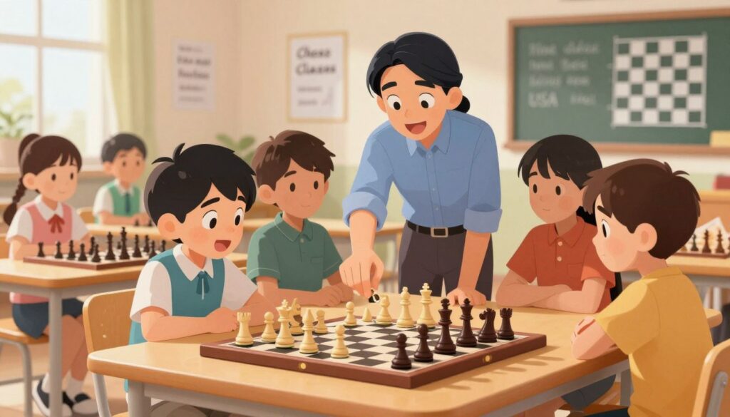 A warm, inviting scene showcasing the development of chess skills, featuring a group of children aged 8-12 gathered around a chessboard, deeply focused on their game. In the foreground, a child in professional casual attire is making a strategic move, their expression showing determination and excitement. The middle ground includes an attentive instructor from Chess Classes USA, guiding them with encouraging gestures. In the background, a softly lit classroom adorned with chess posters and motivational quotes enhances the atmosphere of learning and passion for the game. The lighting is bright but soft, symbolizing a nurturing environment. The overall mood is positive and engaging, reflecting mentorship and the joy of chess exploration.