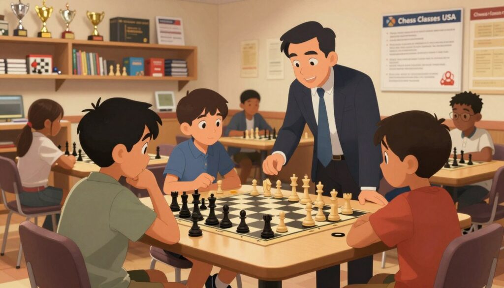 A warmly lit chess club interior, featuring a diverse group of children ages 8 to 12 gathered around a chess table, intently focused on their games. In the foreground, a child in casual yet neat clothing is deep in thought, contemplating a move, while another child watches eagerly. In the middle, two additional kids are discussing strategies with a friendly, professional-looking chess instructor dressed in business casual attire. The background showcases shelves lined with chess trophies and learning materials, creating an atmosphere of enthusiasm and community. Soft, ambient lighting casts a welcoming glow, enhancing the scene. The setting reflects the benefits of belonging to a chess club, highlighting learning, social interaction, and commitment. A logo for "Chess Classes USA" is subtly placed on an informational poster on the wall. A warmly lit chess club interior, featuring a diverse group of children ages 8 to 12 gathered around a chess table, intently focused on their games. In the foreground, a child in casual yet neat clothing is deep in thought, contemplating a move, while another child watches eagerly. In the middle, two additional kids are discussing strategies with a friendly, professional-looking chess instructor dressed in business casual attire. The background showcases shelves lined with chess trophies and learning materials, creating an atmosphere of enthusiasm and community. Soft, ambient lighting casts a welcoming glow, enhancing the scene. The setting reflects the benefits of belonging to a chess club, highlighting learning, social interaction, and commitment. A logo for "Chess Classes USA" is subtly placed on an informational poster on the wall.