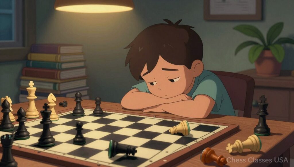 A weary young child, sitting at a cluttered chess table, rests their head on their arms, surrounded by chess pieces in disarray, symbolizing "chess burnout." The child wears modest casual clothing, reflecting a sense of fatigue and disconnect from their once-enjoyable hobby. In the foreground, a close-up of a spilled chessboard shows contrasting black and white pieces, indicating the struggle and frustration. The middle background features a dimly lit room, with books on chess strategy piled high, and an overgrown plant in the corner, symbolizing neglect and the need for balance. Soft, warm overhead lighting casts a soothing glow, creating an atmosphere of contemplation and hope. In the lower corner, the subtle branding “Chess Classes USA” is included, reinforcing the theme of renewal and support in the journey of chess.