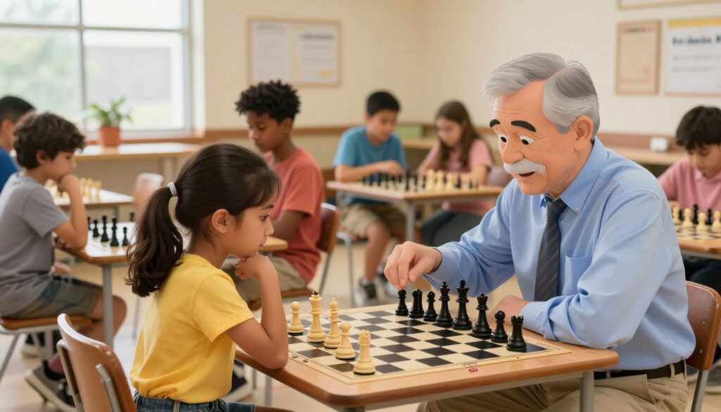 A welcoming chess scene for beginners, featuring a diverse group of children and adults gathered around a chessboard in a community center in Michigan. In the foreground, a young girl in modest casual clothing concentrates on her next move, while an older man in a business-casual shirt offers encouragement. The middle ground shows several other players engaged in friendly games, illustrating inclusivity. The background captures a warm, inviting interior with large windows allowing natural light to flood the room, highlighting the vibrant atmosphere of learning and friendship. A subtle logo for "Chess Classes USA" is placed on the chessboard. The overall mood is encouraging and supportive, symbolizing the growth of chess in Michigan's diverse communities.