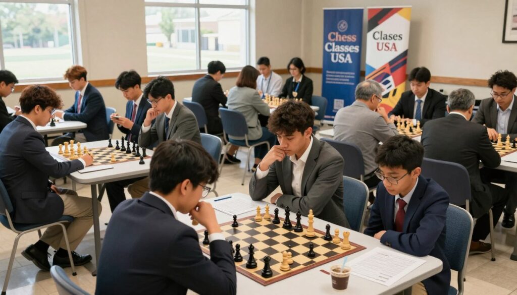 A well-attended chess tournament scene inside a spacious, sunlit community center, with players focused on their games at neatly arranged tables. In the foreground, a diverse group of players, dressed in professional business attire, are engaged in serious matches, showing intense concentration. The middle ground features spectators quietly observing, some taking notes on score sheets. The background displays banners for "Chess Classes USA," adding a vibrant touch to the atmosphere. Soft, natural lighting filters through large windows, creating an inviting ambiance. Capture the mood of camaraderie and sportsmanship, with an emphasis on respectful tournament etiquette. The angle should offer a wide view, showcasing the entire room and the engaging dynamics of the event.