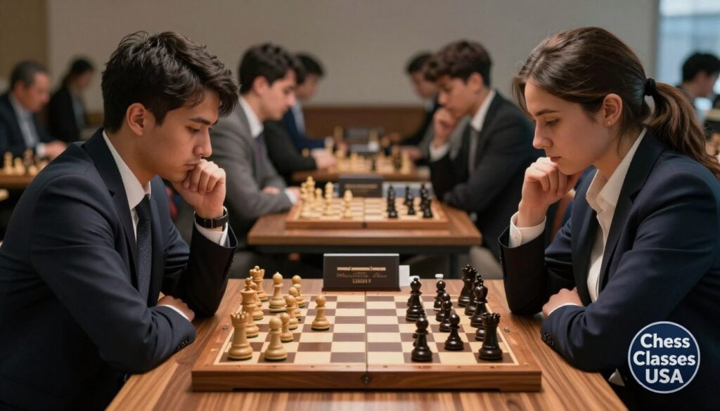 A well-lit chess scene capturing an intense over-the-board chess match between two focused players in a modern tournament setting. In the foreground, a polished wooden chessboard with intricately carved pieces stands out, showcasing critical positions in the game. The middle ground features the two players, a male and a female, sitting across the board, both dressed in professional business attire, deeply contemplating their next moves. The background hints at an audience of spectators sitting quietly, with blurred outlines to emphasize the players' concentration. The lighting is soft yet directional, highlighting the chess pieces and creating a thoughtful atmosphere. Include a subtle logo in the corner representing "Chess Classes USA" to unify the theme of strategic learning.