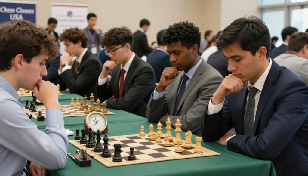 A well-lit chess tournament scene emphasizing etiquette and essential gear. **Foreground**: A chessboard with high-quality pieces, a vibrant green chess cloth, and a clock. **Middle ground**: Diverse players in professional attire, of varying ethnicities and genders, deeply focused on the game, showcasing thoughtful expressions and gestures, such as hand movements to indicate consideration. **Background**: A bustling tournament hall, with banners reading “Chess Classes USA” and spectators observing attentively. Use soft, natural lighting to create a warm and inviting atmosphere. The angle should emphasize both the players’ concentration and the vibrant community aspect of the tournament. The overall mood should convey seriousness and respect for the game, illustrating the importance of etiquette in rated play.