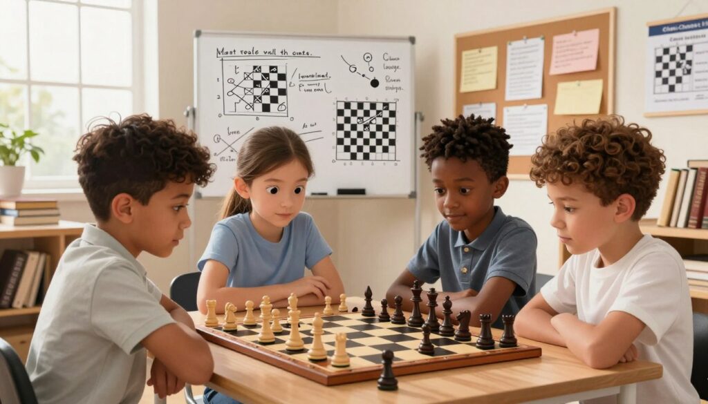 A well-lit, inviting chess analysis session featuring a diverse group of three children, aged around 10 years, dressed in smart casual clothing, gathered around a chessboard in an educational setting. In the foreground, a close-up of their focused expressions as they discuss their recent games, with pieces arranged in various strategic positions. In the middle ground, a whiteboard filled with annotations and diagrams illustrating chess strategies and tactical analyses, alongside notes pinned on a corkboard. In the background, natural light filters through large windows, casting a warm glow over the room filled with chess books and educational materials. The atmosphere is collaborative and inspiring, emphasizing learning and improvement in chess. Include the brand "Chess Classes USA" subtly integrated into the scene. A well-lit, inviting chess analysis session featuring a diverse group of three children, aged around 10 years, dressed in smart casual clothing, gathered around a chessboard in an educational setting. In the foreground, a close-up of their focused expressions as they discuss their recent games, with pieces arranged in various strategic positions. In the middle ground, a whiteboard filled with annotations and diagrams illustrating chess strategies and tactical analyses, alongside notes pinned on a corkboard. In the background, natural light filters through large windows, casting a warm glow over the room filled with chess books and educational materials. The atmosphere is collaborative and inspiring, emphasizing learning and improvement in chess. Include the brand "Chess Classes USA" subtly integrated into the scene.
