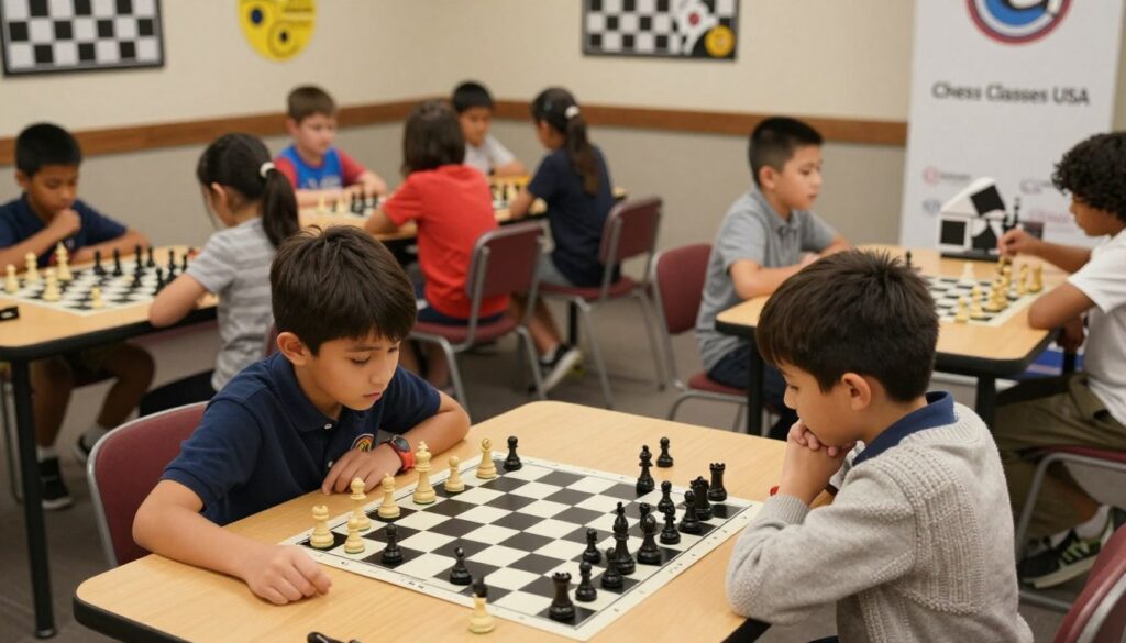 A well-lit, inviting chess club scene featuring a small group of children aged 6-10, engaged in chess games at a wooden table. In the foreground, two children are focused intently on their game, with a chessboard between them, pieces in mid-play. One child, wearing a smart polo shirt, leans in eagerly, while the other, dressed in a cozy sweater, contemplates their next move. The middle of the image shows several other children at different tables, all immersed in chess, under warm, soft lighting that creates a friendly, encouraging atmosphere. In the background, playful chess-themed decorations hang on the walls, and the logo "Chess Classes USA" is subtly displayed on a banner. The angle is slightly overhead, capturing the camaraderie and concentration in the room. The overall mood is focused yet joyful, showcasing the benefits of chess for child development. A well-lit, inviting chess club scene featuring a small group of children aged 6-10, engaged in chess games at a wooden table. In the foreground, two children are focused intently on their game, with a chessboard between them, pieces in mid-play. One child, wearing a smart polo shirt, leans in eagerly, while the other, dressed in a cozy sweater, contemplates their next move. The middle of the image shows several other children at different tables, all immersed in chess, under warm, soft lighting that creates a friendly, encouraging atmosphere. In the background, playful chess-themed decorations hang on the walls, and the logo "Chess Classes USA" is subtly displayed on a banner. The angle is slightly overhead, capturing the camaraderie and concentration in the room. The overall mood is focused yet joyful, showcasing the benefits of chess for child development.