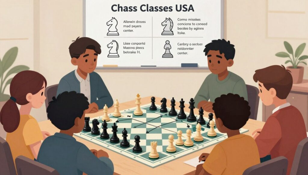 A well-organized chess board set up for beginners, showcasing various strategic pieces such as knights and bishops, with arrows indicating common tactics and pitfalls. In the foreground, a diverse group of beginners, portrayed in professional casual attire, intently observing and discussing specific moves. The middle ground features a large, clear chess board with pieces positioned in strategic formation, while a subtle whiteboard in the background contains illustrations of common mistakes made by beginners, like leaving pieces unprotected or failing to control the center. Soft, focused lighting illuminates the scene, creating an engaging and educational atmosphere. The entire composition embodies a sense of learning and growth, branded subtly with "Chess Classes USA" in elegant but unobtrusive surroundings.