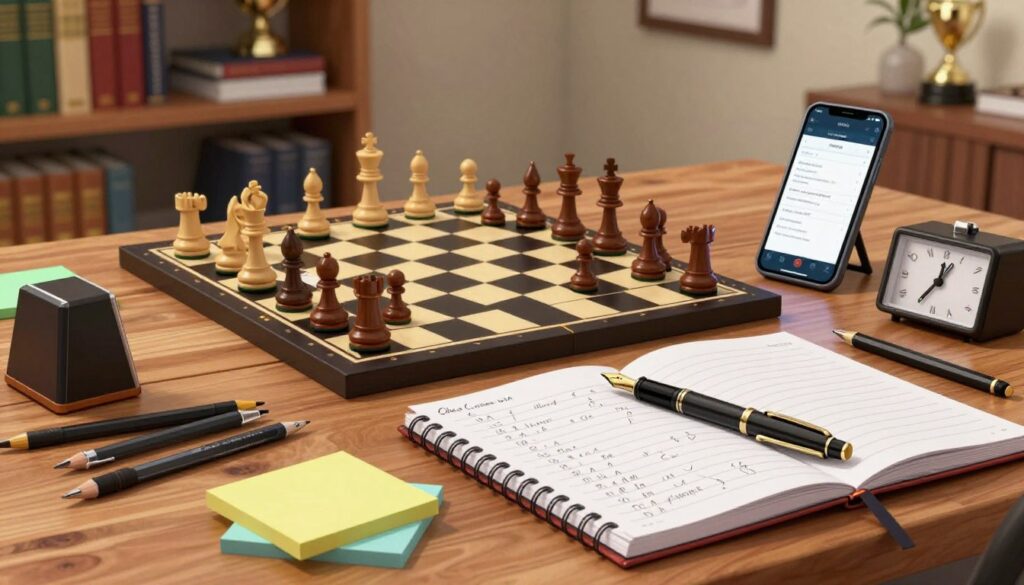 A well-organized chess setup, featuring an assortment of chess notation supplies on a wooden table. In the foreground, a stylish chess notebook with neatly written annotations beside a professional-looking fountain pen. Scattered around are high-quality mechanical pencils, colorful sticky notes, and an elegant chess clock, all conveying a sense of preparation and focus. In the middle ground, a chessboard with pieces in play, showcasing strategic positions, while a smartphone displays a chess app opened to a notation feature. The background features a softly lit room with shelves filled with chess books and trophies, creating a scholarly atmosphere. The lighting is warm and inviting, suggesting an engaging and intellectually stimulating environment. The brand name "Chess Classes USA" subtly displayed on a notebook cover enhances the theme.
