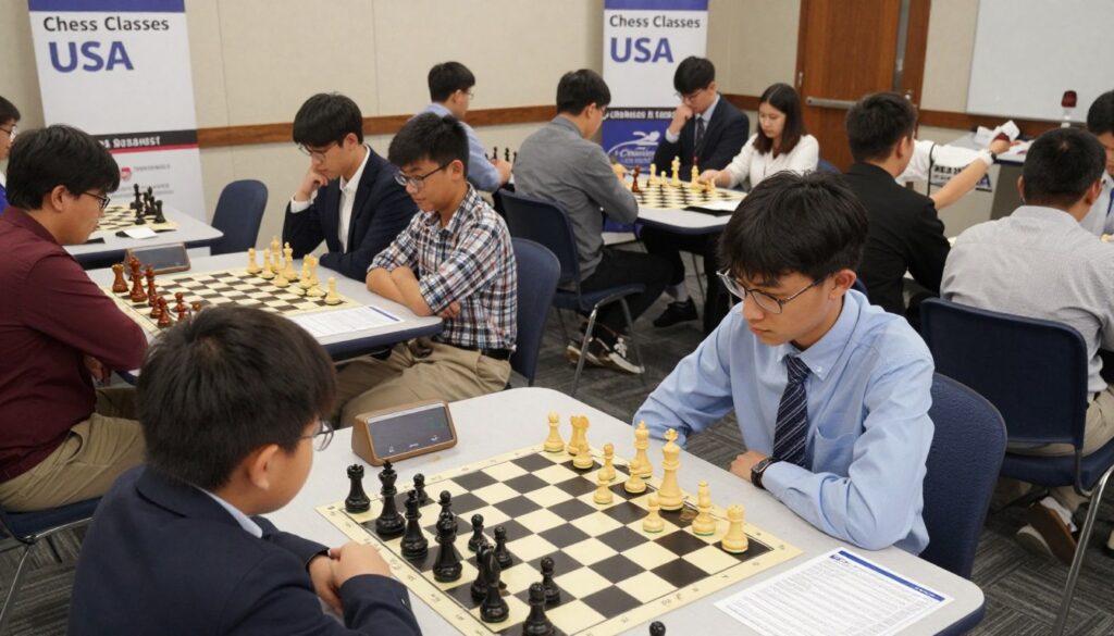 A well-organized chess tournament scene showcasing essential gear and etiquette for new players. In the foreground, a neatly arranged chessboard, pieces set up for a match, alongside a score sheet and a timer. In the middle, a diverse group of aspiring chess players, focused and engaged, dressed in professional business attire, including blazers and dress shirts, or modest casual clothing. They are seated at tables, displaying an atmosphere of concentration and respect. The background features banners displaying "Chess Classes USA," with soft lighting illuminating the scene, creating an inviting and educational ambiance. Use a slight top-down angle to capture the layout of the chessboards while enhancing the players' expressions. The overall mood should be motivational and inspiring, emphasizing the importance of etiquette in chess tournaments.