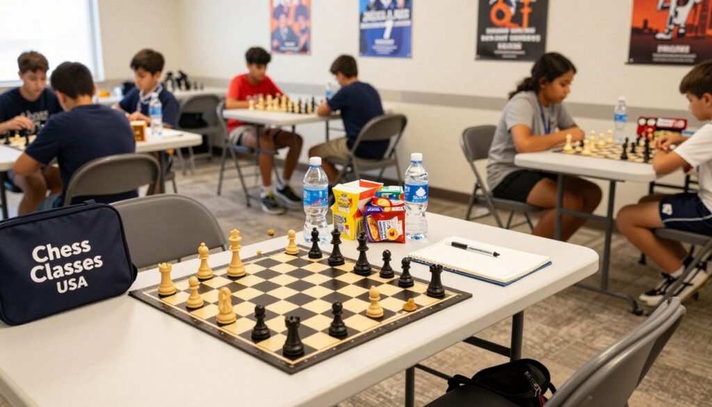 A well-organized chess tournament setup, focusing on essentials for personal comfort. In the foreground, a neatly arranged chessboard with pieces prominently displayed, accompanied by a comfortable folding chair and a stylish bag labeled "Chess Classes USA". In the middle, a table piled with tournament necessities: water bottles, healthy snacks, a notepad, and pens, all well-lit under soft, natural lighting to create a warm atmosphere. In the background, a bright, airy room filled with young players engaged in friendly competition, with motivational posters on the walls. Capture this scene with a wide-angle lens to convey a sense of community and excitement, emphasizing the vibrant energy of the tournament while maintaining a professional tone.