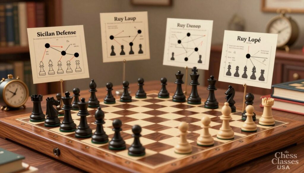 A well-organized chessboard displaying a variety of opening strategies in a harmonious layout, surrounded by pieces in strategic positions. In the foreground, a polished wooden chessboard glistens under soft, warm lighting, highlighting the distinct black and white pieces. In the middle ground, diagrams of various chess openings, including the Sicilian Defense and Ruy López, subtly overlay the chessboard, illustrated with arrows and notation to indicate potential moves. The background features a cozy study environment with bookshelves, a chess clock, and a couple of chess strategy books, creating a scholarly atmosphere. The mood is focused and contemplative, ideal for aspiring players. Include a subtle branding touch with "Chess Classes USA" etched in a stylish font on the bottom right corner. A well-organized chessboard displaying a variety of opening strategies in a harmonious layout, surrounded by pieces in strategic positions. In the foreground, a polished wooden chessboard glistens under soft, warm lighting, highlighting the distinct black and white pieces. In the middle ground, diagrams of various chess openings, including the Sicilian Defense and Ruy López, subtly overlay the chessboard, illustrated with arrows and notation to indicate potential moves. The background features a cozy study environment with bookshelves, a chess clock, and a couple of chess strategy books, creating a scholarly atmosphere. The mood is focused and contemplative, ideal for aspiring players. Include a subtle branding touch with "Chess Classes USA" etched in a stylish font on the bottom right corner.