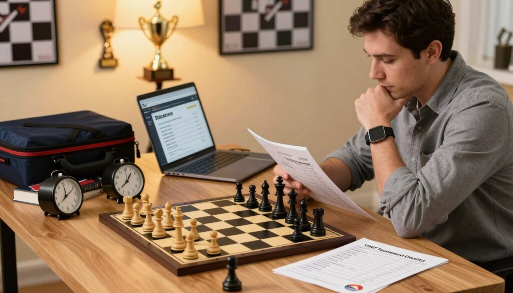 A well-organized desk scene depicting the essential items for preparing for a USCF-rated chess tournament. In the foreground, prominently display a neatly arranged chessboard with pieces set up for a game, a printed checklist titled "USCF Tournament Checklist," and a stylish chess clock. The middle ground features a laptop with a strategy guide open, a couple of chess books, and a travel chess set. In the background, soft golden lighting creates a warm atmosphere, illuminating a wall adorned with trophies and chess-themed posters. Include a professional-looking individual in modest casual attire, thoughtfully reviewing their materials, embodying a focused and determined mood. The overall ambiance conveys preparation and enthusiasm for competitive chess, emphasizing organization and strategy. Include a subtle logo for "Chess Classes USA" on the checklist.