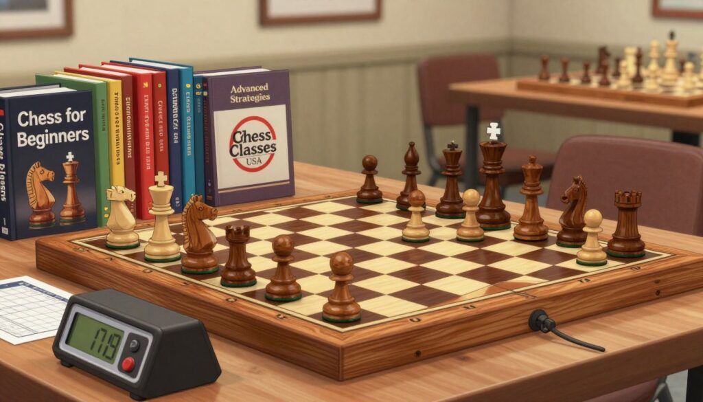 A well-organized display of chess equipment featuring a beautifully crafted wooden chessboard with intricately designed pieces, prominently showcasing pawns, knights, and kings. In the foreground, place a stylish chess clock with digital display and a score sheet. The middle ground should include a neatly arranged set of chess books, including titles such as "Chess for Beginners" and "Advanced Strategies," along with a branded logo for "Chess Classes USA." The background gently blurs, hinting at a cozy chess club environment, filled with soft, warm lighting that evokes a sense of camaraderie and competition. The angle captures the essence of a focused chess game, creating an engaging atmosphere for both seasoned players and beginners.
