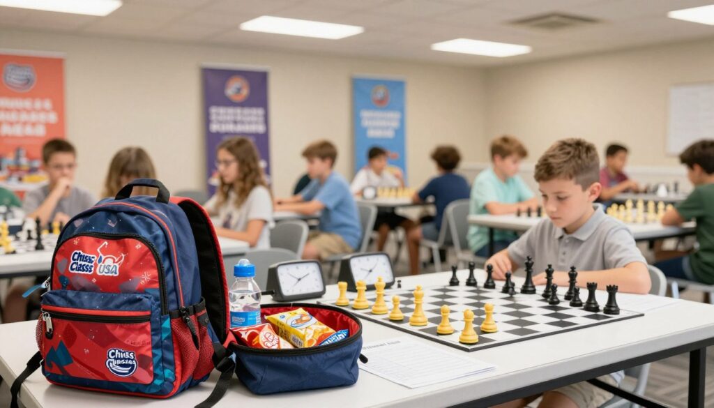 A well-organized display of essential tournament gear for a kids' chess tournament, featuring chess boards, clocks, score sheets, and a selection of colorful chess pieces arranged neatly on a table. In the foreground, a stylish backpack labeled "Chess Classes USA" sits open, revealing snacks and a water bottle, creating a vibrant and inviting atmosphere. The middle ground shows a neatly arranged tournament setup with banners in soft-focus, enhancing the sense of community and excitement. In the background, bright lighting from overhead lamps illuminates the room, casting a warm glow that evokes camaraderie and anticipation. Capture a wide-angle perspective to encompass the entire scene, focusing on creating a cheerful and motivating mood perfect for young chess enthusiasts.