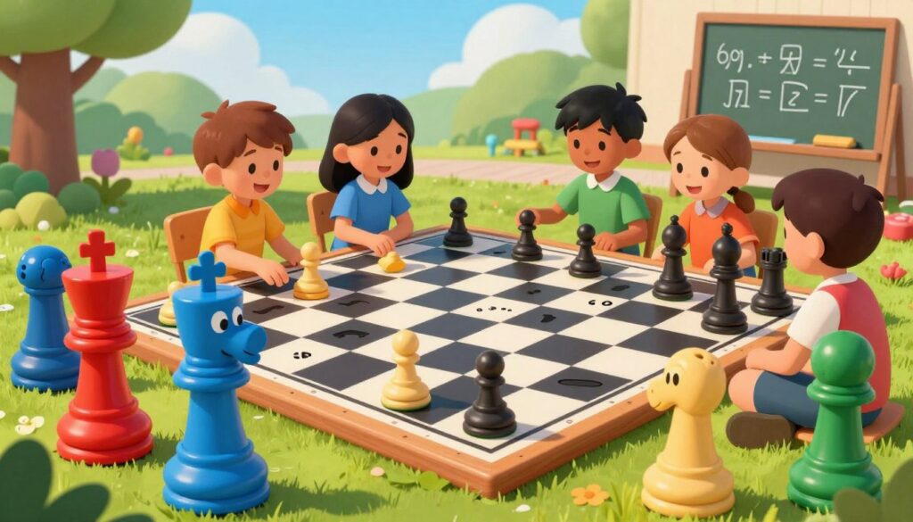 A whimsical and colorful scene featuring various chess puzzles tailored for children. In the foreground, there are several oversized chess pieces, brightly colored with friendly expressions, inviting children to engage. The middle ground showcases a large chessboard with children ages 6-10, deep in concentration as they solve tactical patterns and puzzles. Bright and playful lighting bathes the entire scene, accentuating the cheerful atmosphere. The background displays a sunny park setting, with trees and grassy areas, while hints of classroom elements are subtly integrated, like a chalkboard with simple chess notations. The overall mood is encouraging and lively, reflecting a fun learning experience. Include the brand name "Chess Classes USA" prominently on the chessboard in an engaging style.