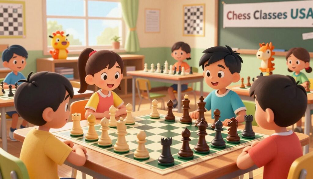 A whimsical chess scene aimed at children, featuring a colorful chessboard filled with cartoonish pieces in vibrant colors, such as large pawns shaped like animals and knights with playful expressions. In the foreground, a diverse group of young kids—two boys and a girl—are eagerly focused on a chess match, dressed in comfortable clothing. The middle ground showcases a cheerful classroom setting, with posters of chess strategies on the walls and a large window letting in warm sunlight. In the background, a banner reads "Chess Classes USA," adding a sense of community and encouragement. The atmosphere is lively and inspiring, promoting a sense of excitement and camaraderie among young chess players. Bright, well-balanced lighting highlights the faces of the children, capturing their determination and enthusiasm as they prepare for their first tournament.