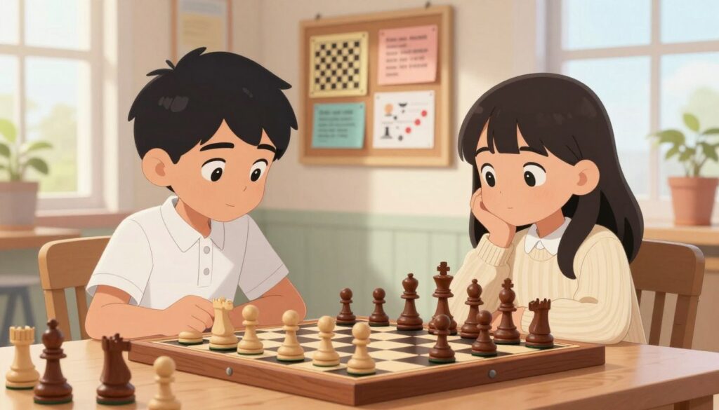 A young boy and girl, both around 10 years old, seated at a chessboard in a bright, sunlit room. The boy, wearing a smart polo shirt, is focused on a chess piece, while the girl, dressed in a tidy sweater, looks thoughtfully at the board, embodying a growth mindset. In the foreground, the chess pieces are beautifully carved wooden figures, representing different stages of a game – some mid-attack, others in defense, symbolizing strategic thinking. In the middle, a corkboard on the wall displays colorful diagrams of chess strategies and motivational quotes about growth and improvement. In the background, a warm ambiance with soft natural light filtering through the window creates a supportive and encouraging atmosphere. The scene emphasizes a balance between competition and personal development, embodying the essence of "Chess Classes USA". A young boy and girl, both around 10 years old, seated at a chessboard in a bright, sunlit room. The boy, wearing a smart polo shirt, is focused on a chess piece, while the girl, dressed in a tidy sweater, looks thoughtfully at the board, embodying a growth mindset. In the foreground, the chess pieces are beautifully carved wooden figures, representing different stages of a game – some mid-attack, others in defense, symbolizing strategic thinking. In the middle, a corkboard on the wall displays colorful diagrams of chess strategies and motivational quotes about growth and improvement. In the background, a warm ambiance with soft natural light filtering through the window creates a supportive and encouraging atmosphere. The scene emphasizes a balance between competition and personal development, embodying the essence of "Chess Classes USA".