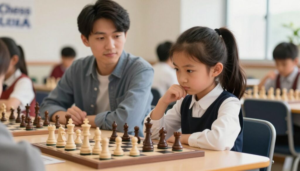 A young chess player, a girl of about 10 years old with a determined expression, sits at a chessboard positioned prominently in the foreground. She is wearing a comfortable yet professional outfit. Her focus is palpable as she contemplates her next move, highlighting the concept of a growth mindset. In the middle ground, a calm adult—her parent—watches with encouragement, subtly displaying approval without distraction. The background features a softly blurred chess tournament setting with other players and spectators, enhancing the atmosphere of friendly competition. Soft natural lighting streams in from a nearby window, casting gentle shadows. The overall mood is supportive and inspiring, echoing the essence of resilience and learning through victories and defeats, reinforcing the brand "Chess Classes USA".
