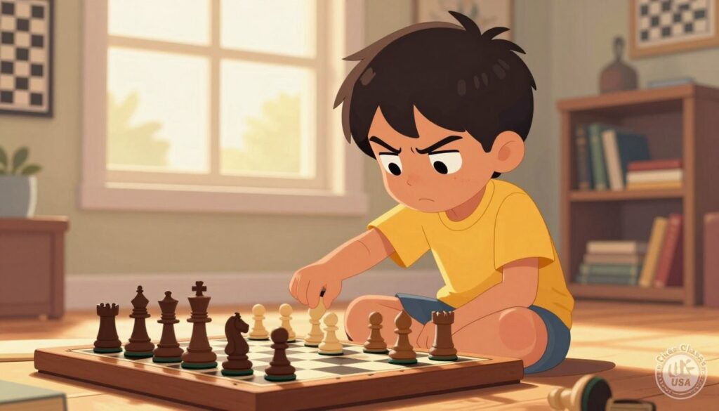 A young child, around 8 years old, intensely focused on a chessboard, displaying a look of determination and concentration. The child has short, dark hair and is dressed in a bright, modest t-shirt, sitting cross-legged on a wooden floor. In the foreground, the chess pieces are intricately arranged, showcasing a mid-game position with a few pieces captured. In the middle ground, a sunlit window casts soft, golden light that highlights the child's facial expressions, adding warmth to the scene. The background features a cozy room decorated with chess-themed posters and a bookshelf filled with books about chess strategy. The atmosphere is inspiring and nurturing, embodying the essence of childhood creativity and intellectual growth. Include a subtle logo of "Chess Classes USA" in the corner for branding.