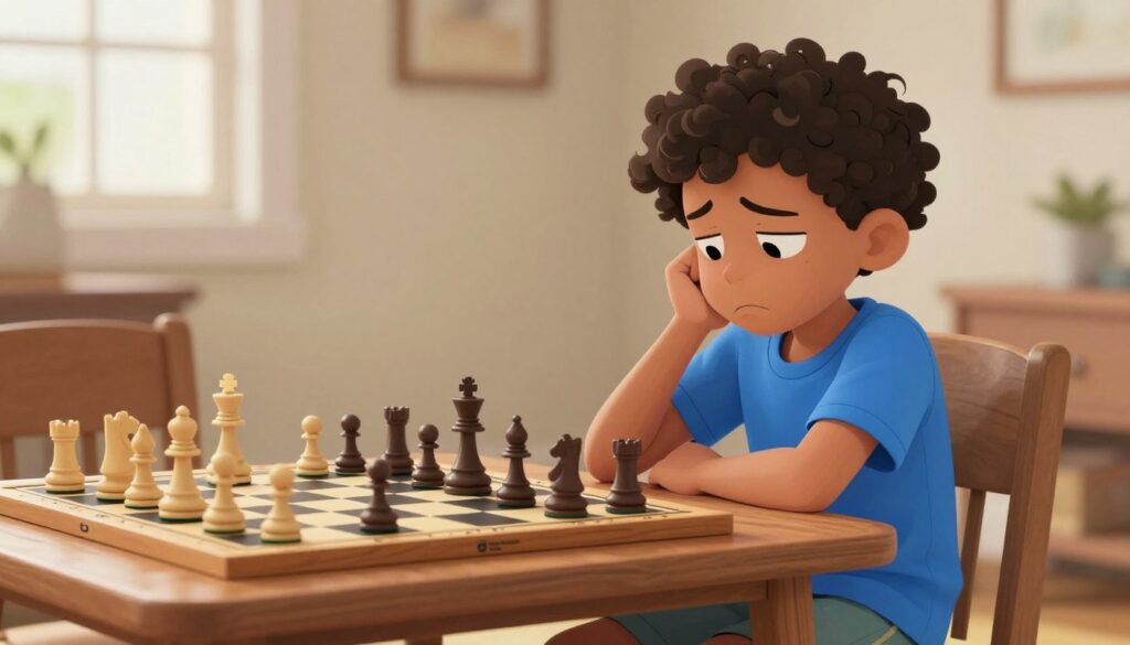 A young child, around 8 years old, with curly hair, sitting at a wooden chess table, looking disappointed after a losing game of chess. The child is wearing a bright blue t-shirt and casual shorts, leaning back with a sigh, eyes downcast, reflecting the emotional weight of defeat. On the chessboard, pieces are in disarray, highlighting the loss. In the background, a soft focus of a warm, inviting room, with light filtering through a window, creating a gentle glow. The mood is contemplative yet hopeful, suggesting a space for learning and growth. Include a subtle logo of "Chess Classes USA" on the table, blending naturally with the environment. Use soft, natural lighting to enhance the atmosphere of the scene, captured from a slight angle to emphasize the child's expression. A young child, around 8 years old, with curly hair, sitting at a wooden chess table, looking disappointed after a losing game of chess. The child is wearing a bright blue t-shirt and casual shorts, leaning back with a sigh, eyes downcast, reflecting the emotional weight of defeat. On the chessboard, pieces are in disarray, highlighting the loss. In the background, a soft focus of a warm, inviting room, with light filtering through a window, creating a gentle glow. The mood is contemplative yet hopeful, suggesting a space for learning and growth. Include a subtle logo of "Chess Classes USA" on the table, blending naturally with the environment. Use soft, natural lighting to enhance the atmosphere of the scene, captured from a slight angle to emphasize the child's expression.