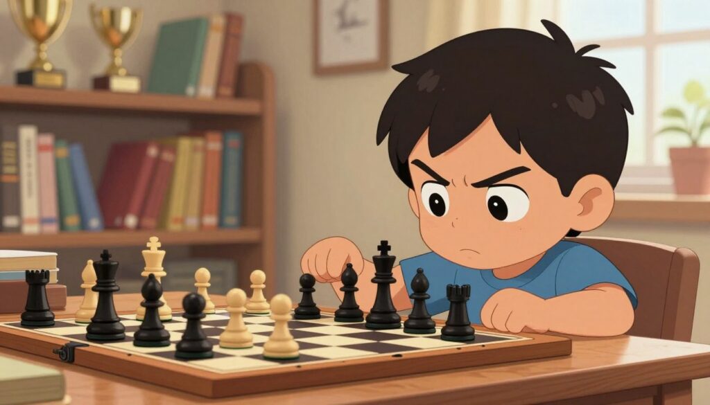 A young child deeply focused on a chess game, sitting at a wooden chess table with carefully arranged pieces, depicting intense concentration. The foreground includes a close-up of the child's face, showcasing determination, with furrowed brows and bright, thoughtful eyes. In the middle ground, the chessboard with contrasting black and white pieces, emphasizing the strategic nature of the game. The background softly blurs out, featuring a cozy, well-lit room filled with shelves of books and trophies symbolizing achievement. Warm, natural light filters through a nearby window, creating a serene atmosphere that highlights the child's dedication to chess. This scene embodies the essence of focus and concentration in a child learning chess, featuring the logo of “Chess Classes USA” subtly integrated into the design.