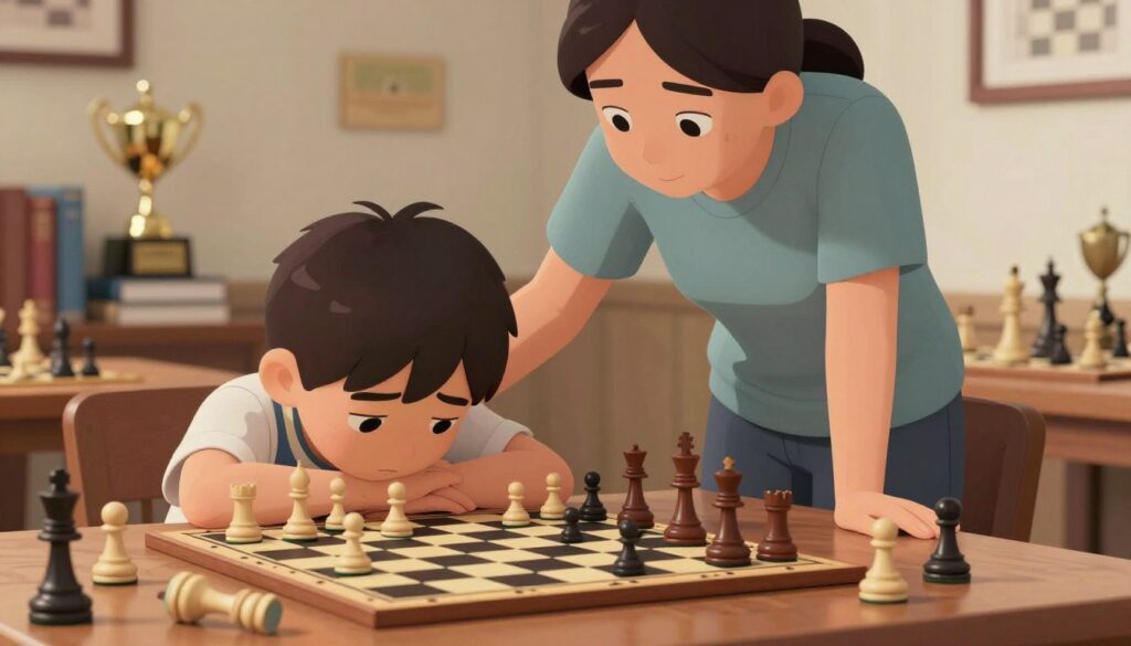 A young child seated at a cluttered chess table, head resting on their arms, showing signs of exhaustion and burnout. Their chess pieces are scattered, some toppled over, portraying a sense of frustration. In the foreground, a well-used chessboard with several unfinished games. In the middle, a supportive parent stands beside the child, dressed in modest casual clothing, with a gentle, reassuring expression, offering encouragement. The background features a soft-focus room filled with chess trophies and books, subtly hinting at high expectations. The lighting is warm and inviting, creating an empathetic mood, with soft shadows to evoke a sense of pause and reflection. The image includes the brand name "Chess Classes USA" subtly incorporated into the setting.