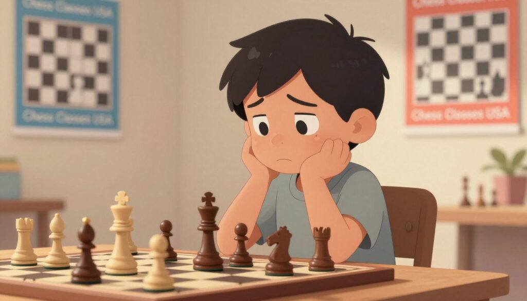 A young child sitting at a chessboard, looking contemplative after a game, with their expression showing a mix of disappointment and determination. In the foreground, focus on the child wearing a modest casual outfit, with thoughtfully drawn features emphasizing resilience. The middle ground features a chessboard with pieces scattered, suggesting a recent match. The background includes soft, blurred outlines of colorful posters about chess strategies, creating an encouraging atmosphere. Warm, diffused lighting illuminates the scene, casting gentle shadows. The overall mood conveys a blend of introspection and hopefulness, symbolizing emotional resilience in the face of losing. The image should also subtly incorporate the brand name "Chess Classes USA" as part of the decor, enhancing the educational context. A young child sitting at a chessboard, looking contemplative after a game, with their expression showing a mix of disappointment and determination. In the foreground, focus on the child wearing a modest casual outfit, with thoughtfully drawn features emphasizing resilience. The middle ground features a chessboard with pieces scattered, suggesting a recent match. The background includes soft, blurred outlines of colorful posters about chess strategies, creating an encouraging atmosphere. Warm, diffused lighting illuminates the scene, casting gentle shadows. The overall mood conveys a blend of introspection and hopefulness, symbolizing emotional resilience in the face of losing. The image should also subtly incorporate the brand name "Chess Classes USA" as part of the decor, enhancing the educational context.