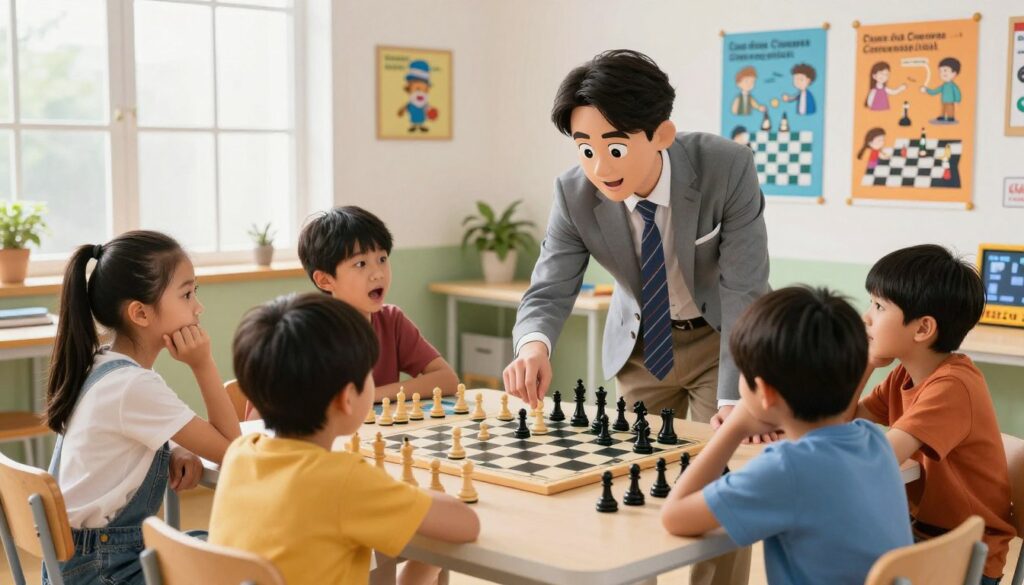 A young, enthusiastic chess coach is engaged with a small group of children, aged 7-10, in a brightly lit room filled with chess boards and vibrant educational materials. The coach, a friendly adult in professional business casual attire, demonstrates a chess move to the kids who are eagerly watching, displaying a range of expressions from concentration to excitement. In the background, colorful posters of famous chess players and strategies adorn the walls, creating an atmosphere of inspiration and learning. Soft, natural light filters through large windows, highlighting the focus on teamwork and skill development. The scene encapsulates a supportive coaching environment. The logo "Chess Classes USA" is subtly included on the boards.