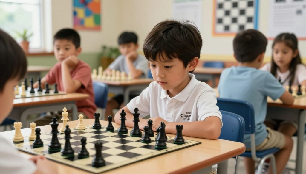 A young, focused child sits at a chess table, deeply engaged in a game of chess, wearing a neat, modest polo shirt and shorts, reflecting concentration and determination. The foreground features a vibrant chessboard with contrasting black and white pieces, carefully arranged mid-game. In the middle ground, soft natural light illuminates the child's face, highlighting their expressive features and intense focus. A few other children in the background watch intently, showcasing different emotions ranging from excitement to contemplation. The setting is a cozy community center adorned with colorful chess-themed posters and a warm atmosphere. Capture this scene from a slightly elevated angle to emphasize the camaraderie and mental challenge of chess. The overall mood is inspiring and supportive, subtly promoting the value of teamwork and understanding in youth chess, with a subtle branding of "Chess Classes USA" displayed on chess boards.