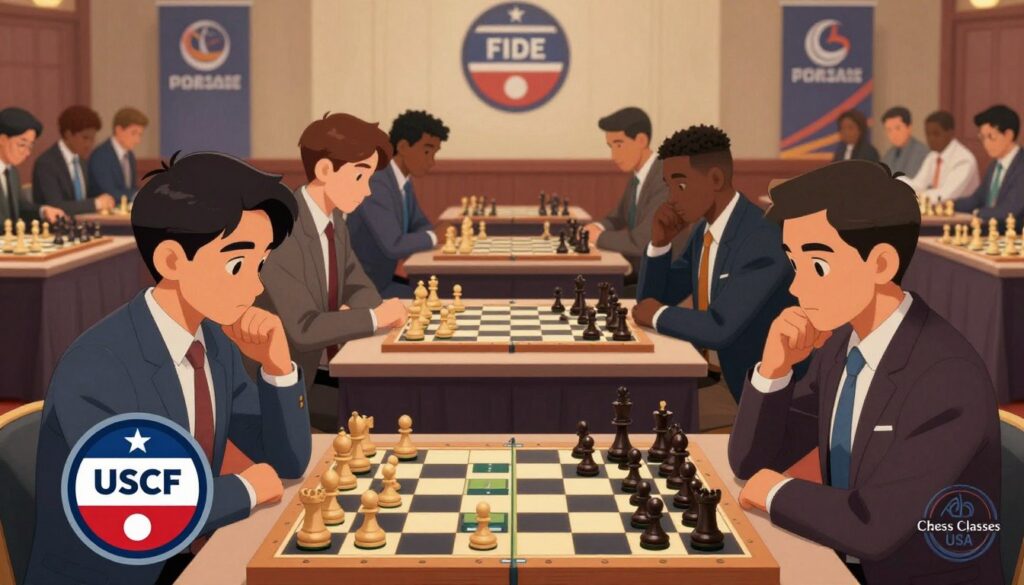 An educational illustration contrasting US Chess Federation (USCF) ratings and FIDE ratings. In the foreground, a split-screen displays a vibrant chess board, with a USCF rating badge on one side, showing engaging American chess players in professional attire contemplating their next moves. The middle layer features a FIDE rating badge with international players, emphasizing diversity, collaborating on strategies. The background includes a blurred image of a chess tournament hall, with focused spectators and banners representing both organizations. Soft, warm lighting envelops the scene, creating a serious yet inviting atmosphere, ideal for learning. The logo "Chess Classes USA" subtly integrated into the corner, enhancing the educational theme without distraction.