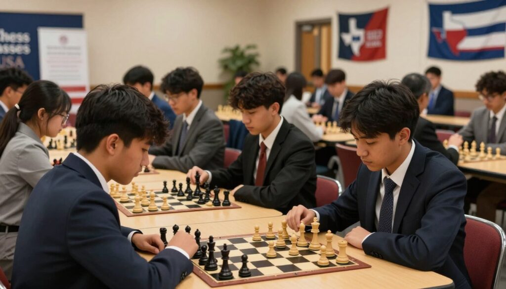 An engaging chess scene showcasing university students engaging in a lively chess tournament in Texas. In the foreground, diverse young adults dressed in professional business attire concentrate intensely on their chess boards, with focus on the strategic moves being made. In the middle ground, a spacious university hall filled with tables, chess pieces, and focused spectators, illuminated with warm ambient lighting. In the background, banners and flags representing various Texas colleges, including "Chess Classes USA," are subtly displayed, enhancing the collegiate atmosphere. The overall mood is one of determination and intellectual challenge, with a slightly blurred depth of field, focusing on the participants' expressions and the intricate details of the chess pieces.