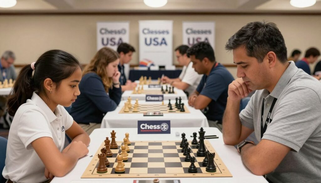 An indoor chess tournament scene in Illinois, showcasing a diverse group of participants engaged in competitive play. In the foreground, two focused players—one young girl in a smart polo shirt and another middle-aged man in a collared shirt—intently concentrate on their chessboards, with pieces mid-game. The middle ground features a few observers taking notes and discussing strategies. In the background, banners displaying "Chess Classes USA" are hung, and tables filled with chess boards are arranged neatly, contributing to a professional atmosphere. Soft, warm overhead lighting creates a welcoming environment, with a slightly blurred depth of field to emphasize the players. The mood is intense yet encouraging, capturing the anticipation and excitement of preparing for a first-rated chess tournament. An indoor chess tournament scene in Illinois, showcasing a diverse group of participants engaged in competitive play. In the foreground, two focused players—one young girl in a smart polo shirt and another middle-aged man in a collared shirt—intently concentrate on their chessboards, with pieces mid-game. The middle ground features a few observers taking notes and discussing strategies. In the background, banners displaying "Chess Classes USA" are hung, and tables filled with chess boards are arranged neatly, contributing to a professional atmosphere. Soft, warm overhead lighting creates a welcoming environment, with a slightly blurred depth of field to emphasize the players. The mood is intense yet encouraging, capturing the anticipation and excitement of preparing for a first-rated chess tournament.