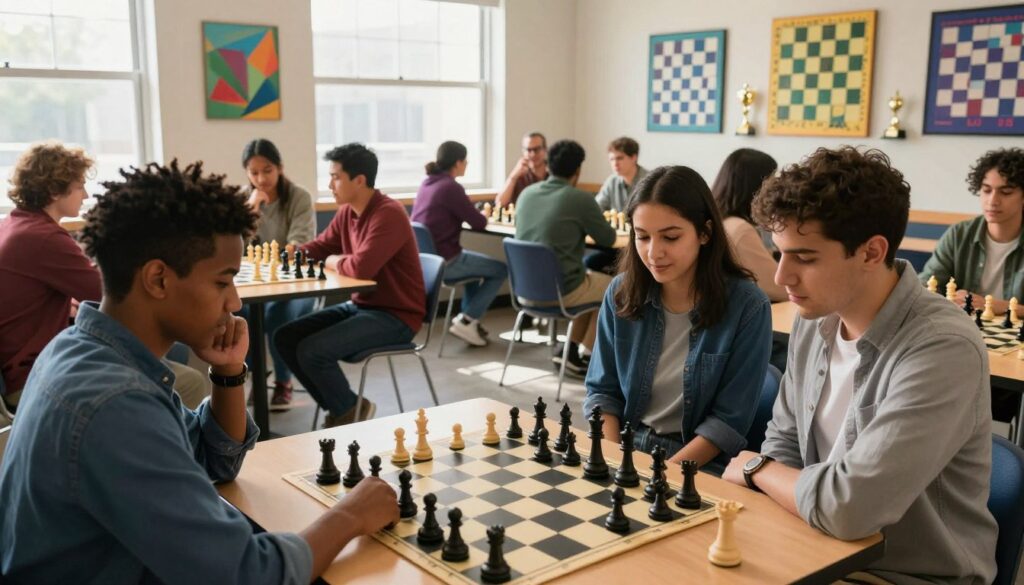 An indoor scene depicting a vibrant chess club in Milwaukee, showcasing diverse members engaged in lively gameplay and strategic discussions. In the foreground, a close-up of two players, one Black and one Hispanic, intensely focused on their chess match, both dressed in smart casual attire. In the middle ground, small tables with groups of players are gathered, some analyzing games and others interacting in animated conversation, illuminated by warm natural light streaming through large windows. The background features a wall adorned with colorful chess-themed artwork and trophies, representing local achievements. Overall, the atmosphere is friendly and welcoming, emphasizing community and camaraderie. Incorporate the brand name "Chess Classes USA" subtly into the decor. The angle should slightly elevate to capture the entire scene, enhancing the sense of activity and connection among the participants.