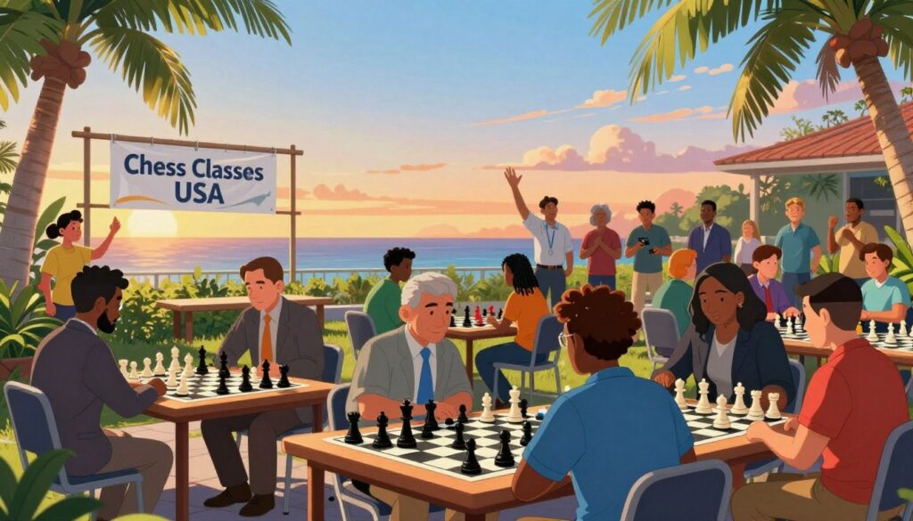 An inviting outdoor setting in Florida showcasing a vibrant chess club scene, featuring a mix of diverse individuals engaged in spirited chess games. In the foreground, a group of people in professional business attire and modest casual clothing are seated around oversized chess tables, deeply focused on their matches. Sunlight filters through palm trees, casting dappled shadows. The middle ground showcases colorful chess pieces and boards, with a local banner displaying “Chess Classes USA” in a prominent but unobtrusive manner. In the background, a warm Florida sky transitions from blue to orange, hinting at sunset, while a small crowd gathers, cheering and discussing strategies. The mood is lively and community-oriented, capturing the essence of camaraderie among chess enthusiasts.