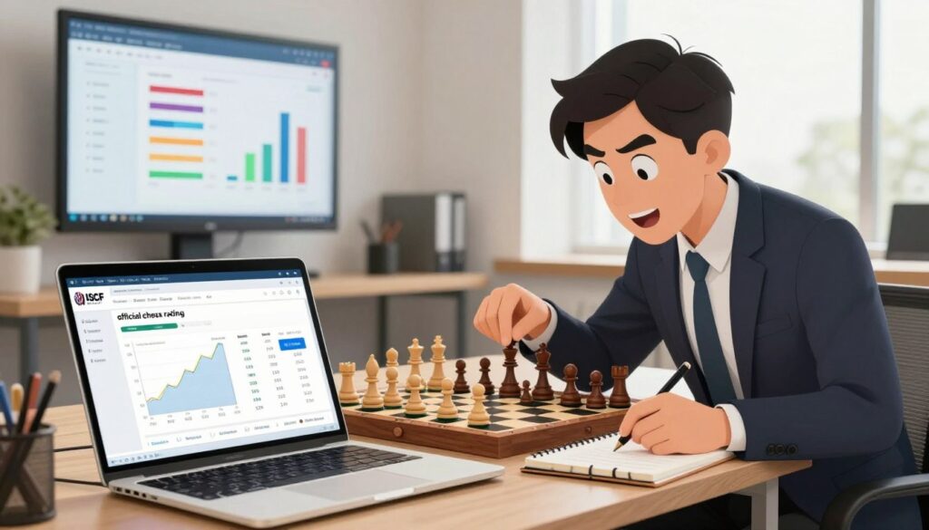 An organized workspace depicting the concept of "official chess rating" in a professional setting. In the foreground, a sleek laptop displays the USCF member portal, showing various graphs and a clear numerical rating. A chessboard is situated next to it, with elegant wooden pieces in mid-game, symbolizing progress and strategy. In the middle, an enthusiastic person, dressed in a smart business casual outfit, leans forward, intently analyzing the chessboard while taking notes. The background features a wall-mounted monitor illustrating visual statistics and progress bars related to chess ratings and performance. The lighting is bright and inviting, with natural light streaming in from a window, creating a motivated and focused atmosphere. Include branding elements that subtly showcase "Chess Classes USA" in the scene without any text overlays. An organized workspace depicting the concept of "official chess rating" in a professional setting. In the foreground, a sleek laptop displays the USCF member portal, showing various graphs and a clear numerical rating. A chessboard is situated next to it, with elegant wooden pieces in mid-game, symbolizing progress and strategy. In the middle, an enthusiastic person, dressed in a smart business casual outfit, leans forward, intently analyzing the chessboard while taking notes. The background features a wall-mounted monitor illustrating visual statistics and progress bars related to chess ratings and performance. The lighting is bright and inviting, with natural light streaming in from a window, creating a motivated and focused atmosphere. Include branding elements that subtly showcase "Chess Classes USA" in the scene without any text overlays.
