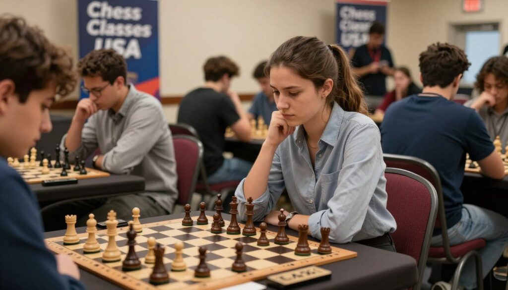 An unrated chess player sitting at a chessboard in a friendly tournament setting. The player, a young Caucasian woman, is focused and deep in thought, wearing professional casual attire: a button-up shirt and slacks. The chessboard is filled with pieces in the middle of an intense game. In the foreground, a few chess pieces are slightly out of focus to emphasize the player’s concentration. In the middle ground, other players are seen engaged in various games, capturing the lively atmosphere of a chess tournament. The background features banners of "Chess Classes USA" and spectators watching the matches, with warm, soft lighting creating an inviting environment. The mood is one of focus and camaraderie among players.