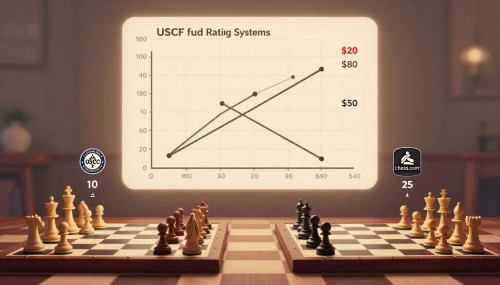 Create an image that visually contrasts USCF and Chess.com chess ratings. In the foreground, feature two elegant chess boards; one with a USCF emblem and the other with a Chess.com logo, each surrounded by rating numbers that float above them, signifying different levels. In the middle ground, a stylized chart illustrates the discrepancies between the two rating systems, with lines connecting various points to represent the common misconceptions about their equivalency. The background should depict a subtle, blurred chess-themed environment, with shadows and soft light highlighting the boards, creating a contemplative mood. Use a warm color palette to evoke a sense of understanding and inquiry. Ensure the branding "Chess Classes USA" is subtly included, enhancing the atmosphere of expertise and learning without overwhelming the composition.