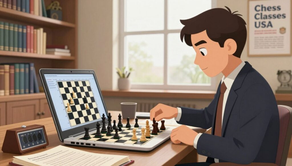 In a cozy, well-lit study filled with bookshelves, a dedicated chess player, dressed in professional business attire, is intently analyzing a chess game on a laptop. The foreground features a detailed view of the laptop screen showcasing a chessboard with pieces in mid-game analysis, highlighting key positions. On the side, an open chess book with annotations lies on the desk, surrounded by notes and a classic chess timer. The middle ground includes a large window allowing soft, natural light to illuminate the scene, creating a warm atmosphere. In the background, a poster of "Chess Classes USA" is visible on the wall, promoting learning and improvement in chess skills. The overall mood conveys focus, determination, and the pursuit of mastery in chess. In a cozy, well-lit study filled with bookshelves, a dedicated chess player, dressed in professional business attire, is intently analyzing a chess game on a laptop. The foreground features a detailed view of the laptop screen showcasing a chessboard with pieces in mid-game analysis, highlighting key positions. On the side, an open chess book with annotations lies on the desk, surrounded by notes and a classic chess timer. The middle ground includes a large window allowing soft, natural light to illuminate the scene, creating a warm atmosphere. In the background, a poster of "Chess Classes USA" is visible on the wall, promoting learning and improvement in chess skills. The overall mood conveys focus, determination, and the pursuit of mastery in chess.