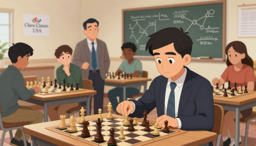 In a serene chess club setting, a focused chess player, dressed in professional business attire, appears at the foreground, deeply engaged in analyzing a chess game on a digital board. In the middle ground, a group of diverse individuals, including a coach and students, are discussing strategies, with chess pieces scattered on traditional wooden boards. The background features soft lighting highlighting a chalkboard filled with tactical notations and the logo of "Chess Classes USA" subtly placed on the wall. A warm and motivational atmosphere, infused with a sense of camaraderie and growth, envelops the scene. The angle captures the immediacy of learning and improvement in chess rating stability, providing an inspiring glimpse into the world of competitive chess.