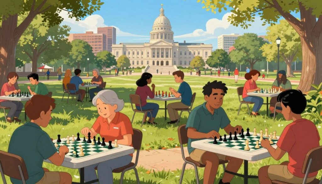 In the vibrant heart of Madison, Wisconsin, capture a lively chess community scene. In the foreground, a diverse group of enthusiastic players, men and women of various ages, engage in intense chess matches at a park, dressed in modest casual clothing. In the middle ground, tables are adorned with chess boards, pieces in motion, and spectators discussing strategies. In the background, iconic Madison landmarks like the Wisconsin State Capitol are subtly visible, framed under a bright blue sky with warm sunlight casting gentle shadows. Use a wide-angle lens to emphasize the community's energy, and create a bustling yet focused atmosphere, reflecting the collaborative and competitive spirit of chess. Incorporate the logo of "Chess Classes USA" into the scene unobtrusively, enhancing the significance of chess education in this thriving chess culture.