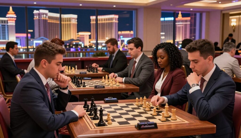 Vibrant scene of a Las Vegas chess tournament, showcasing players deeply focused on their matches at sophisticated wooden chess tables. In the foreground, a diverse group of individuals in professional business attire, including men and women of various ethnicities, are engaged in strategic chess play, with a mix of expressions from concentration to thoughtful consideration. The middle ground features a beautifully decorated tournament hall adorned with subtle lighting, and large windows displaying a glimpse of iconic Las Vegas landmarks. The background captures the essence of the city with sparkling lights and dramatic architecture. The atmosphere is energetic yet calm, reflecting the excitement of the chess community. Soft, ambient lighting enhances the mood, evoking a welcoming environment for visitors. Include the logo of "Chess Classes USA" subtly in the design.
