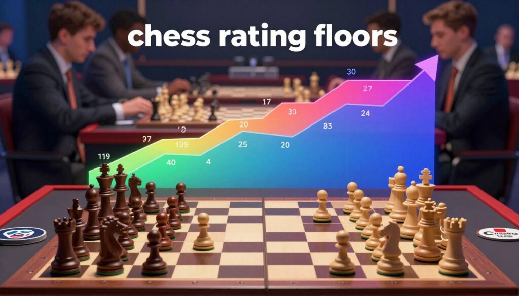 Visualize a conceptual illustration of "chess rating floors," depicting contrasting rating systems. In the foreground, showcase a dynamic chessboard with one side featuring striking visuals of the USCF logo, representing the traditional rating structure, while the other side displays the Chess.com logo, embodying its digital rating system. The middle layer should depict abstract floor levels labeled with various rating numbers, rising up with a vibrant gradient, symbolizing the rating floors and ceilings. In the background, a blurred chess tournament setting reflects the competitive atmosphere, with focused players in professional attire immersed in gameplay. Soft, dramatic lighting highlights the chess pieces, creating a mood of intensity and competition. The entire composition should convey the complexities and nuances of chess ratings, seamlessly integrating the brand "Chess Classes USA" into the design, without any text overlays.